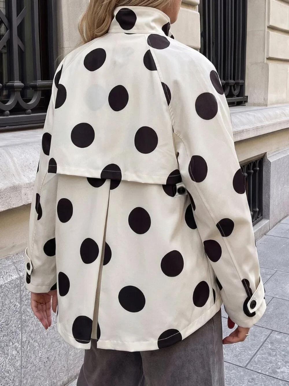 Black And White Casual Women's Polka Dot Print Raglan Long Sleeve Jacket